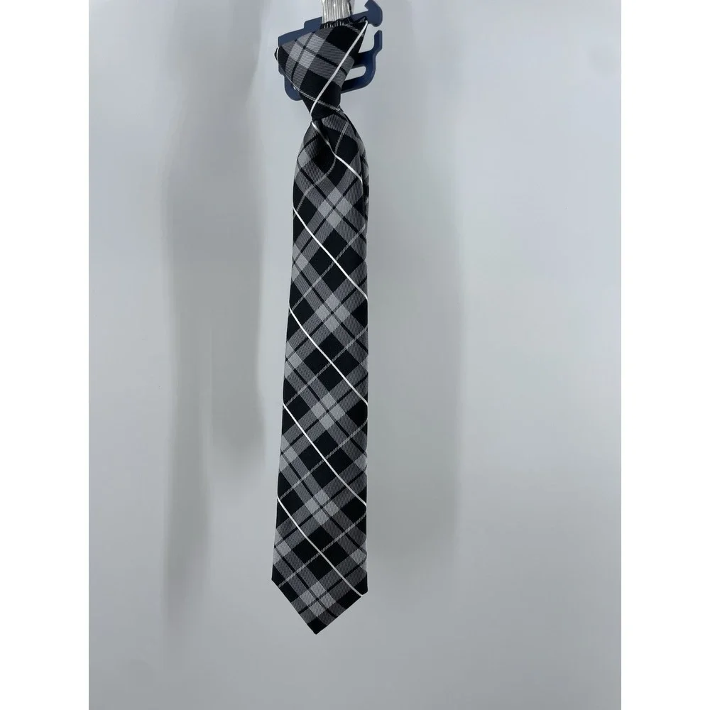 Chaps Youth Plaid Necktie Black Grey Checkered Polyester Formal Tie New